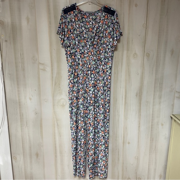 Loveappella Navy Blue Purple White Floral Faux Wrap Elastic Waist Jumpsuit Sz 3X - Picture 2 of 8